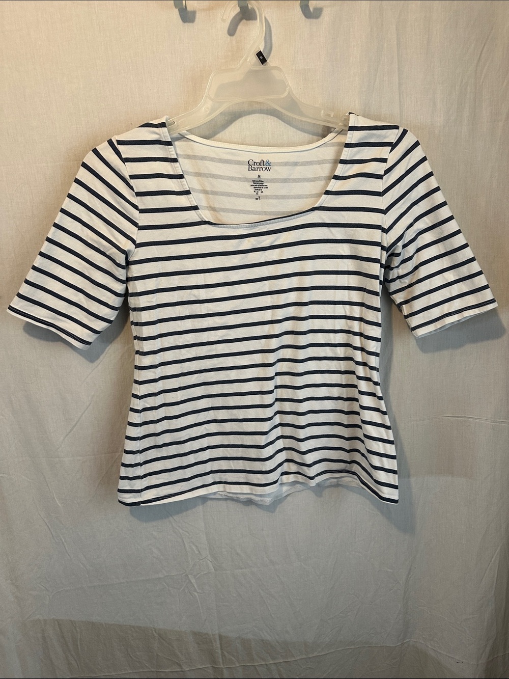 croft & barrow White and Navy Striped Scoop Neck Short Sleeve Top